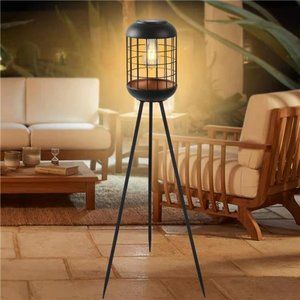 Solar Floor Lamp Outdoor Large Lantern for Patio, Waterproof Metal Tripod, Black
